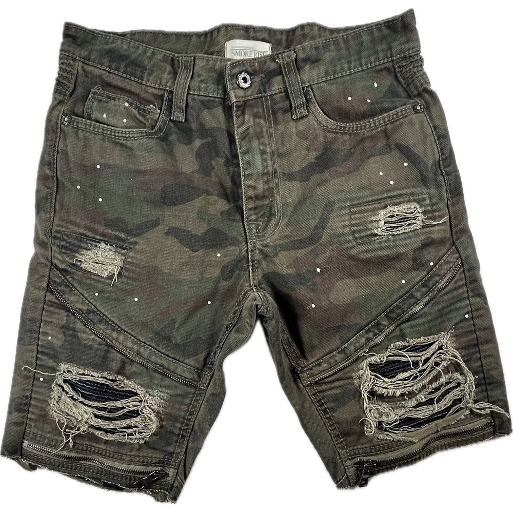Smoke Rise Mens Camo Moto Distressed Biker Denim Shorts Green Camouflage 32